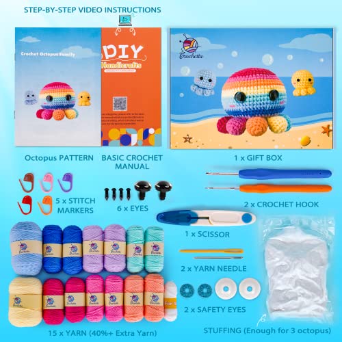 Image of Crochetta Crochet Kit for Beginners, Crochet Kit Step-by-Step Video Tutorials, Crochet Starter Kit Learn to Crochet Kits for Adults Kids Beginners, Jumbo 3 Colorful Octopus Familly (40%+ Yarn Content)
