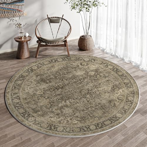 5x5 Washable Round Rug Brown Vintage Entryway Non Slip Low Pile Traditional Circle Area Rug Retro Distressed Soft Thin Accent Throw Rug for Living Room Bedroom Dining Room
