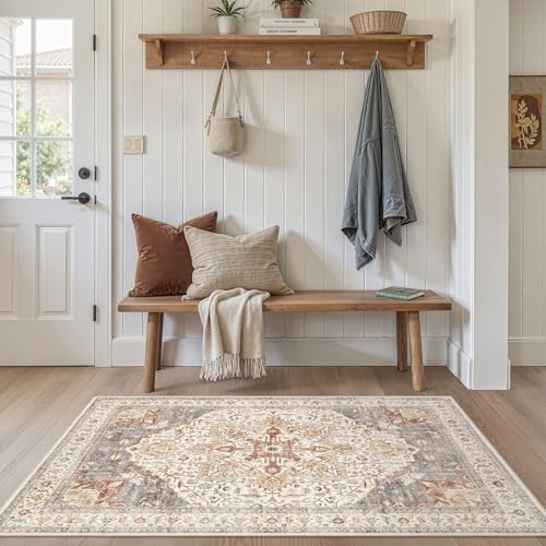 Tortania Area Rug Living Room Rugs - 3x5 Washable Rug Vintage Oriental Distressed Farmhouse Small Thin Indoor Carpet for Living Room Bedroom Under Dining Table Home Office - Orange Multi