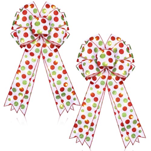 2 Pcs LED Red Green Christmas Wreath Bow 18 x 10 Inch Large Christmas Tree Topper Decor Bows Large Xmas Dot Bows Ornaments for Wall Indoor Outdoor Party Decoration