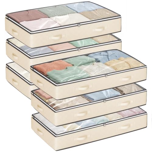 Image of Budding Joy 6 Pack 90L Under Bed Storage Containers Beige | Clothes storage bins foldable storage bags with clear window for blanket, comforter, sweaters, pillows, wrapping paper