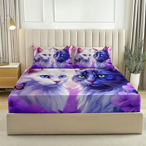 sábana Ajustable Lindo Gato con Flor Morada Juego de Sabanas Estampadas 3 Piezas 160 x 200 cm Algodón Poliéster, Bajera, Funda de Almohada 100% Microfibra Púrpura Blanco