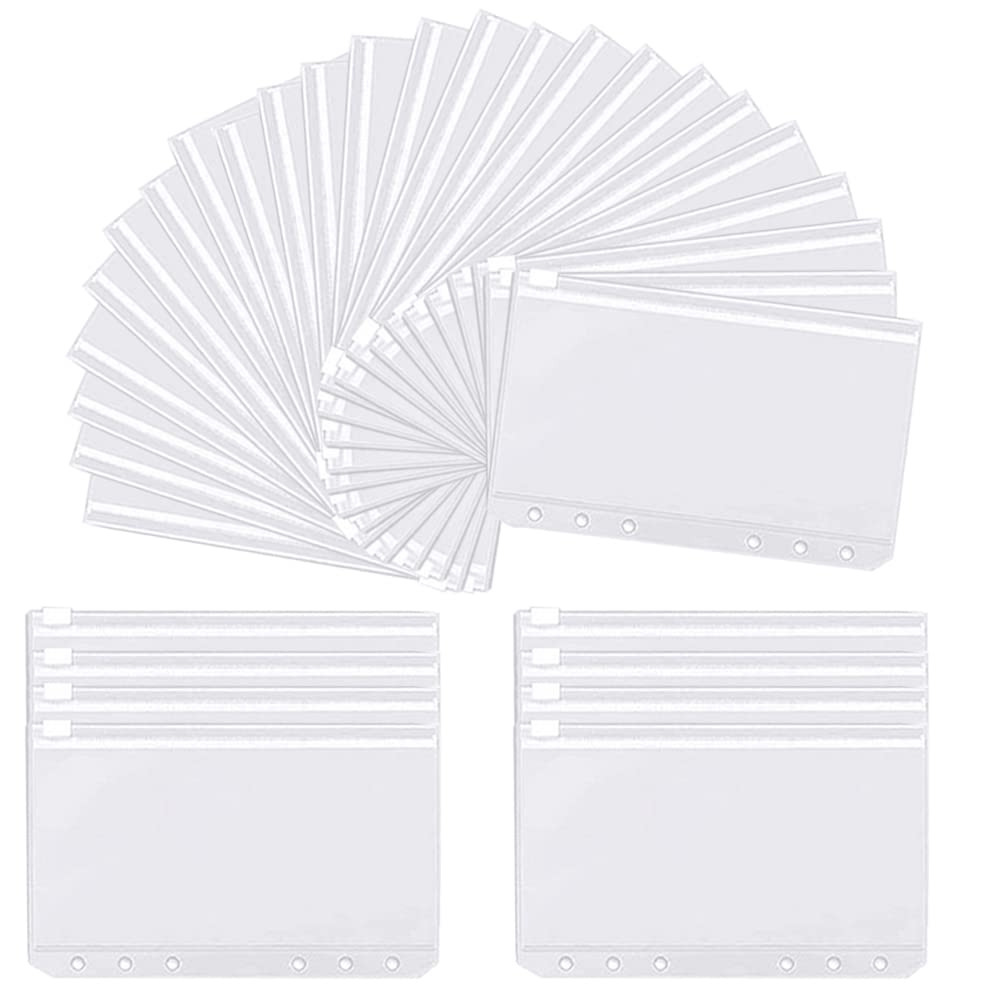 Binder Pockets, FOME 60pcs A6 6-Hole Zipper Binder Pockets Waterproof PVC Cash Budget Envelopes Loose Leaf Bag for 6 Ring Refillable Binder Notebook Planner