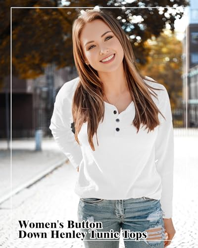 Image of AURUZA Long Sleeve Shirts for Women Henley Shirts Waffle Knit Tops Casual Loose V Neck Tunic Tops Fall Outfits Waffle TShirt