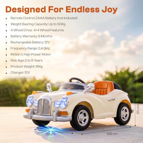 Image of Toyzone Vintage Electric Ride on Car TZ-128 (Creame) | Frequency 2.4 Ghz |Lights and Music | Seat Belt for Safety |Perfect Tyre Grip | Make in India | Indoor and Outdoor Toy
