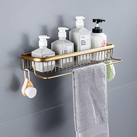 Hoinerus Antique Brass Bathroom Shelf Wall Mount Shower Organiser Basket with Towel Bar 17.7 inches long Cover
