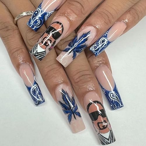 Extra Long Coffin Fake Nails Square Press on Nails Pink French Tips False Nails with Blue Maple Leaf Cool Man Pattern Design Acrylic Matte Nails for Women and Girls 24 Pcs