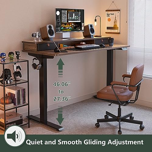 Image of FEZIBO 60 x 24 Inch Height Adjustable Electric Standing Desk with Double Drawer, Stand Up Desk with Storage Shelf, Sit Stand Desk, Blcak Walnut