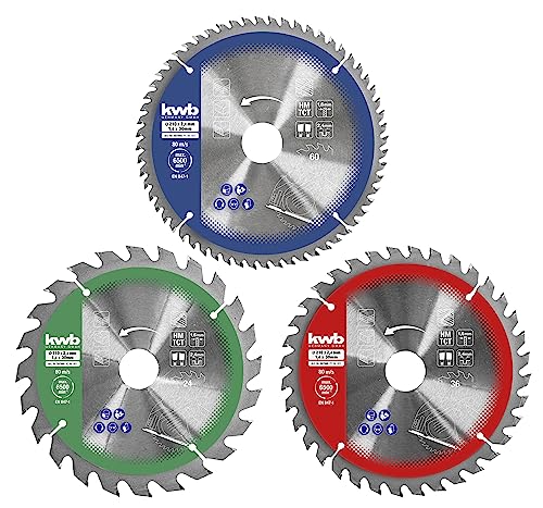 kwb Hochqualitatives 3-teiliges Kreissägeblatt-Set - 210 x 30/20/16 mm - Speziell für Kreis- & Tischkreissägen - Ideal für diverse Holzarten & Plattenmaterialien - inkl. Reduzierringe