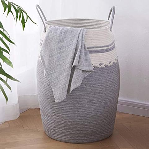 Oiahomy Laundry Hamper Woven Cotton Rope Large Clothes Hamper 25.6" Height Modern Curver Basket Cover