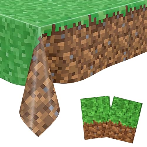 FUNTON Miner Birthday Decorations, 2 pcs Pixel Party Table Cloth, Pixel Gaming Birthday Decorations Set