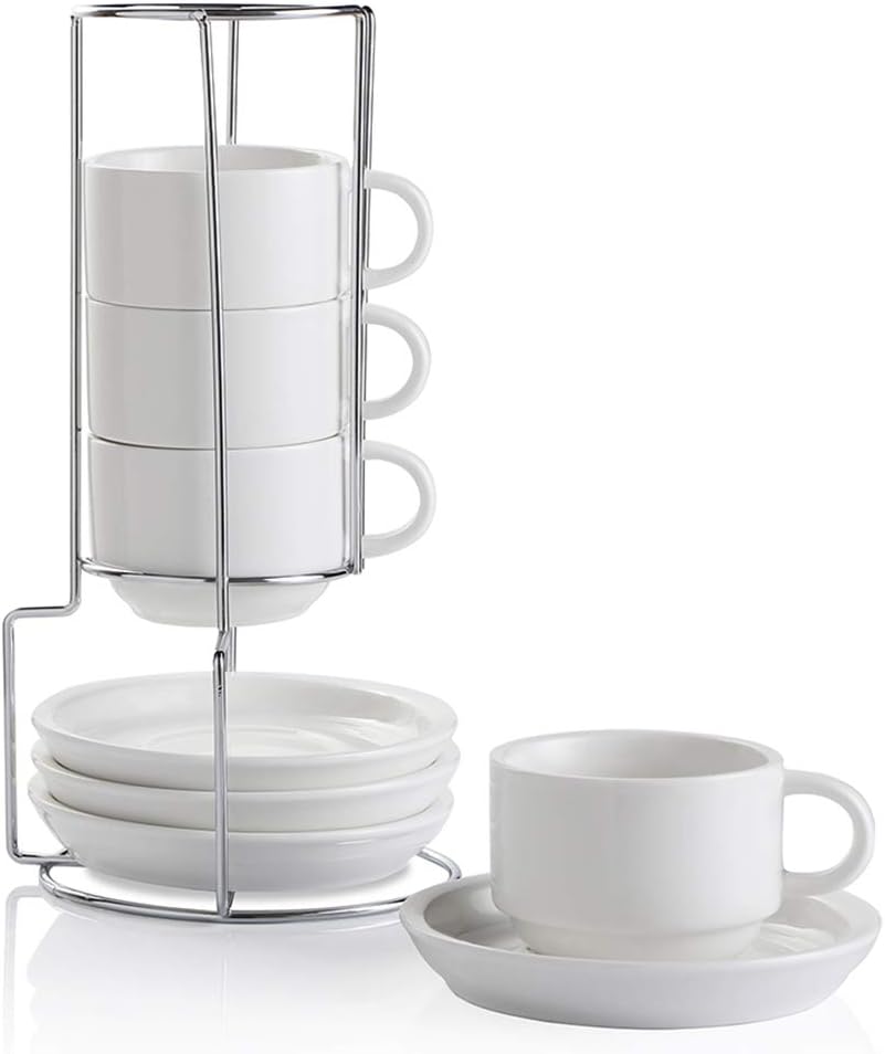 Sweejar Home Porcelain Espresso Cups with Saucers, 120 ml Stackable Cappuccino Cups with Metal Stand for Coffee Drinks, Latte, Tea - Set of 4 (White)