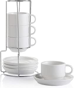 Lot de 4 tasses empilables 20cl porcelaine blanc et noir avec support métal