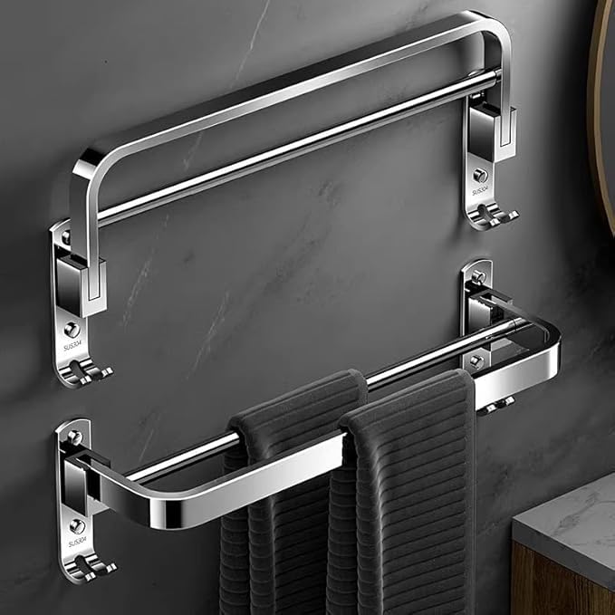 Image of SUNDRY Stainless Steel Double Towel Bar, Wall Mounted, Chrome Finish, Modern Bathroom Chrome Finish Bathroom Accessories Hanger Hardware