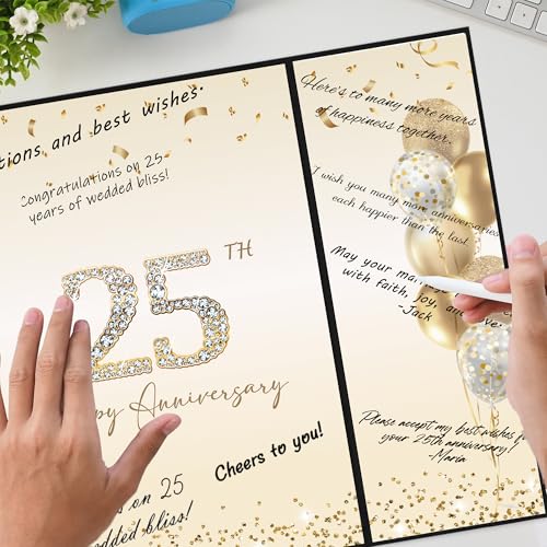 Image of DARUNAXY Black Gold 25th Anniversary Party Decorations, Happy 25th Anniversary Alternative Signature Guest Book for Parents Cheers to 25 Years Gifts 25 Anniversary Signing Card Board Party Supplies