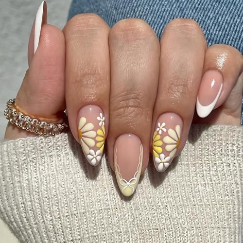 evpct Nude Pink French Press on Nails Short Almond with Flower Design