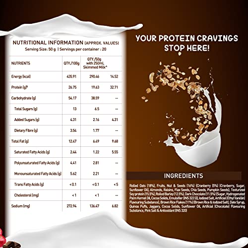 Image of MuscleBlaze High Protein Muesli 1.4 kg, Dark Chocolate & Cranberry, 18 g Protein, with Superseeds, Raisins & Almond, Protein Breakfast Cereals (Combo Pack)