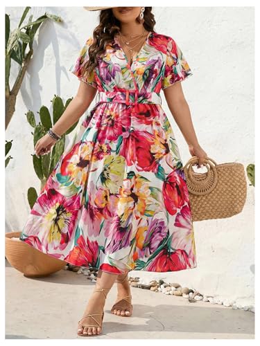 Image of Floerns Women's Plus Size Boho Floral V Neck Short Sleeve A Line Long Dress