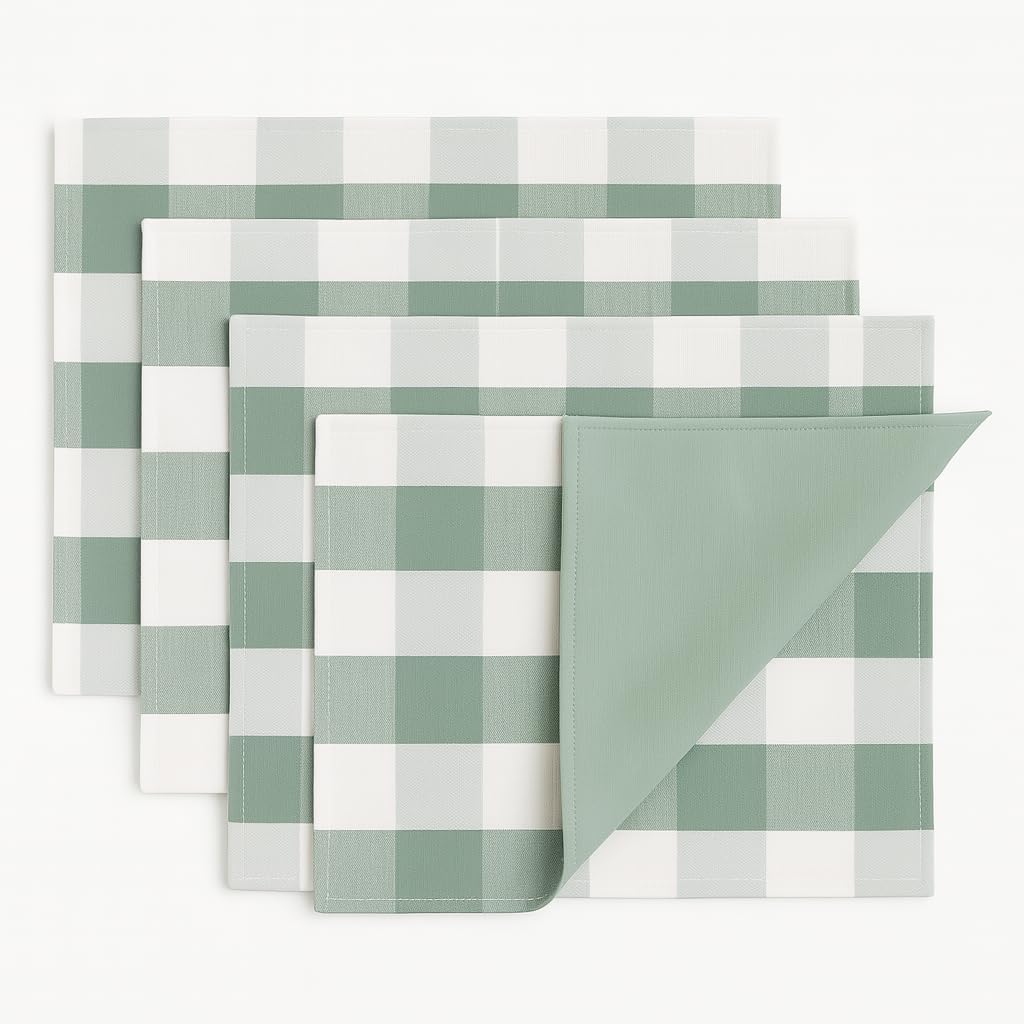 Fennco Styles Buffalo Check Double Layers Reversible Placemats 14" W x 20" L, Set of 4 - Handmade in USA - Sage Green Plaid Table Mats for Everyday Use, Banquet, Holiday, Special Occasion