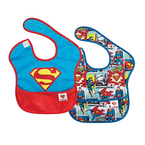 Image of Bumkins Bibs for Girl or Boy, SuperBib Baby and Toddler for 6-24 Months, Essential Must Have for Eating, Feeding, Baby Led Weaning, Mess Saving, Waterproof Soft Fabric, 2-pk Batman and Superman