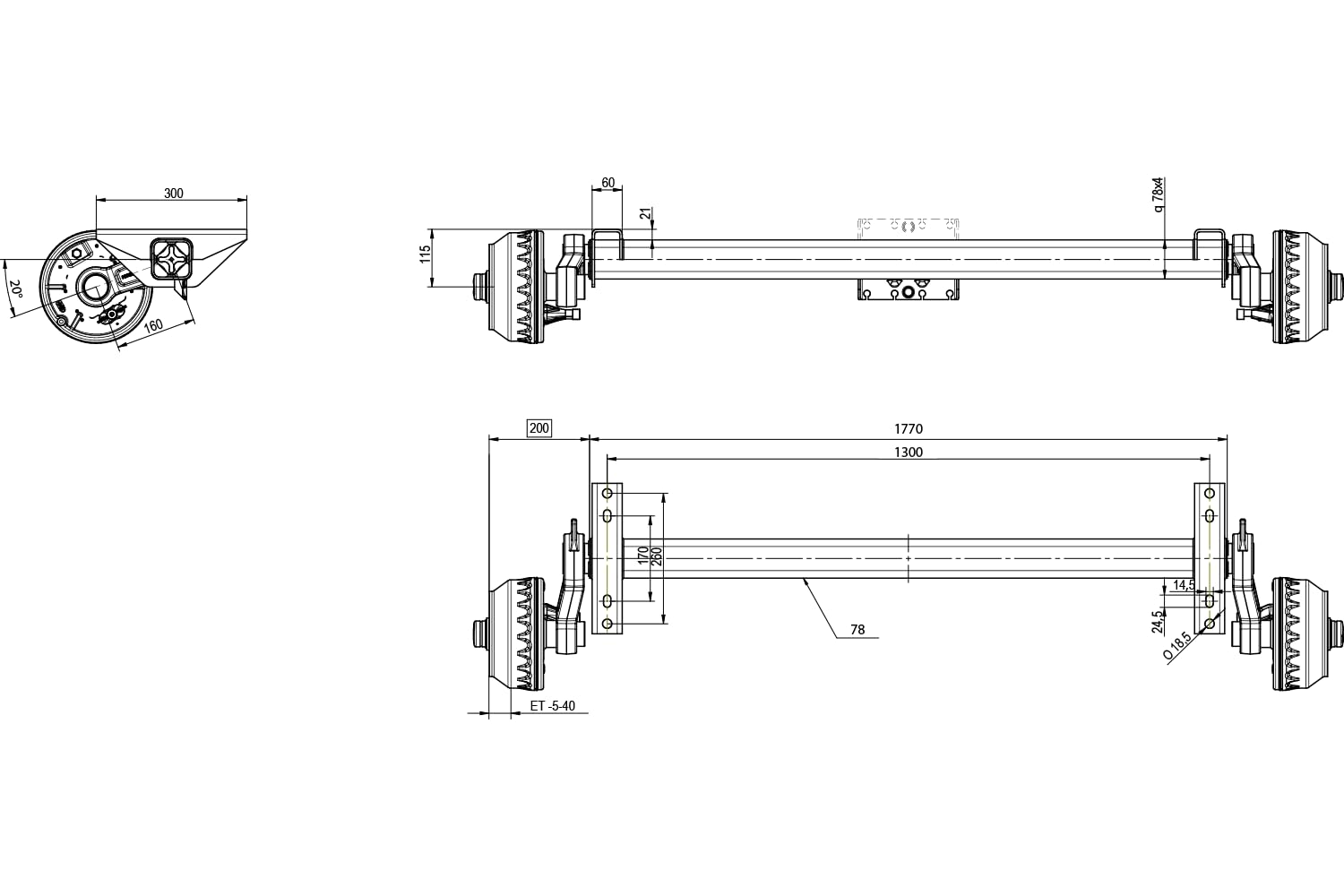 Knott VGB15M/MV Gebremste Achse 1500 kg für schwere Anhänger und Autotransporter, Auflagemaß 1300 mm, Anlagemaß 1770 mm, Radanschluss 5x112, wartungsfreie Gummifederung