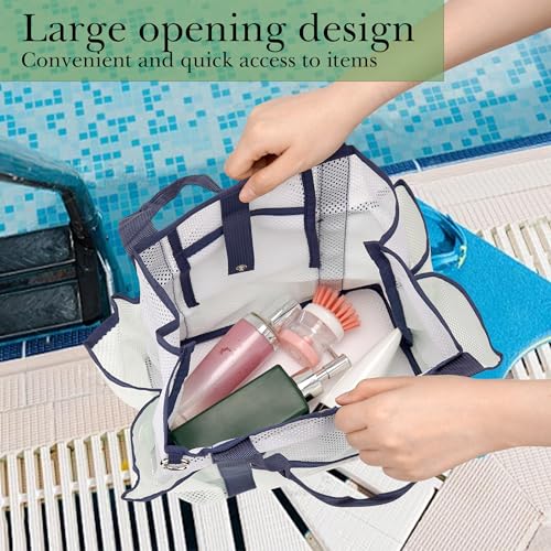 Large Capacity Beach Tote Bag for Women, Multi-Compartment Shower Caddy with Hanging Ring, Portable Foldable Vacation Storage Mesh Bag for Beach, Pool, Travel, Gym (Light Green)2