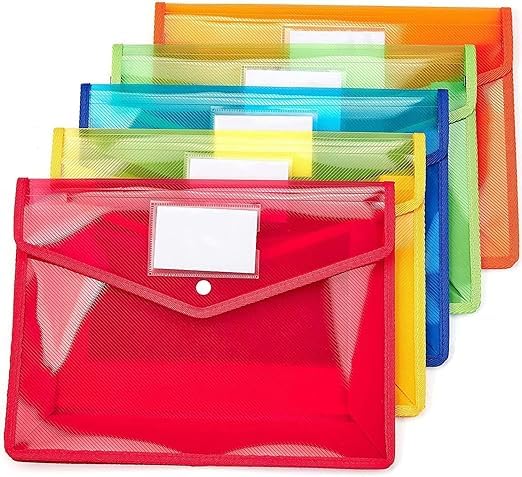 Image of HCS A4 Document File Bag, Transparent Envelope Holder Storage Case, Snap Button Organizer, Plastic Container for Papers, Stationery (Multi-Color) (Pack of 2)