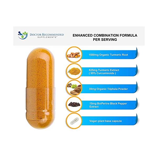 Turmeric-Curcumin-2250mgd-Veggie-Capsules-95-Curcuminoids-with-Black-Pepper-Extract-Bioperine-100-Organic-Most-Powerful-Turmeric-Supplement-with-Triphala-180-Count Turmeric Curcumin - 2250mg/d - Veggie Caps - 95% Curcuminoids with Black Pepper Extract (Bioperine) - 750mg Capsules - 100% Organic - Most Powerful Turmeric Supplement with Triphala (180 Count)