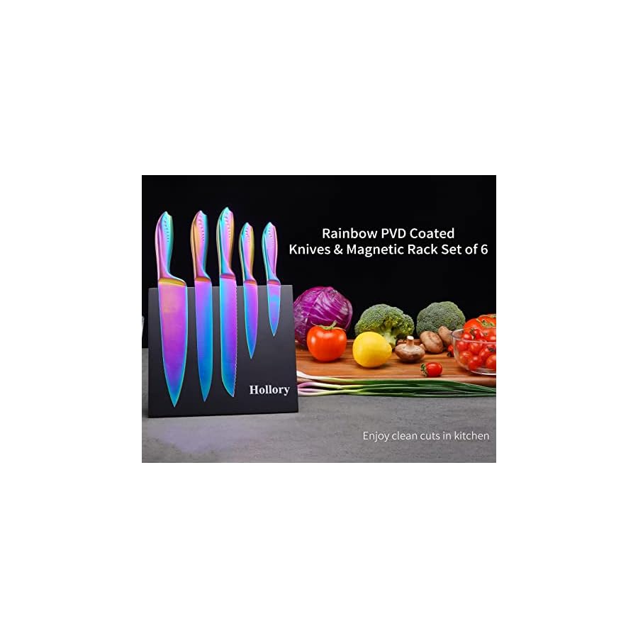 Rainbow Knives Block Set 6 Pieces, Iridescent German High Carbon Stainless Steel Kitchen Knives Pack with Magnetic Knife Display Rack