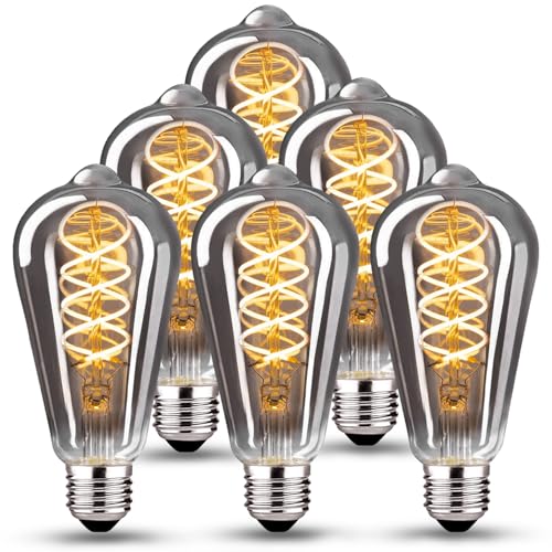 Edison Vintage Glühbirne E27, E27 LED Vintage Dimmbar 4W Retro Glühbirne LED Filament Lampe Warmweiß Ideal für Nostalgie und Retro Beleuchtung im Haus Café Bar, Rauchgrau Glas - 6 Stück （ST64YHS）