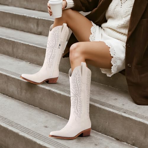 FancyQueen Cowboy Boots for Women Western Heel Cowgirl Boots Women Wide Calf Zipper Western Classic Embroidered Pointed Toe Knee High3