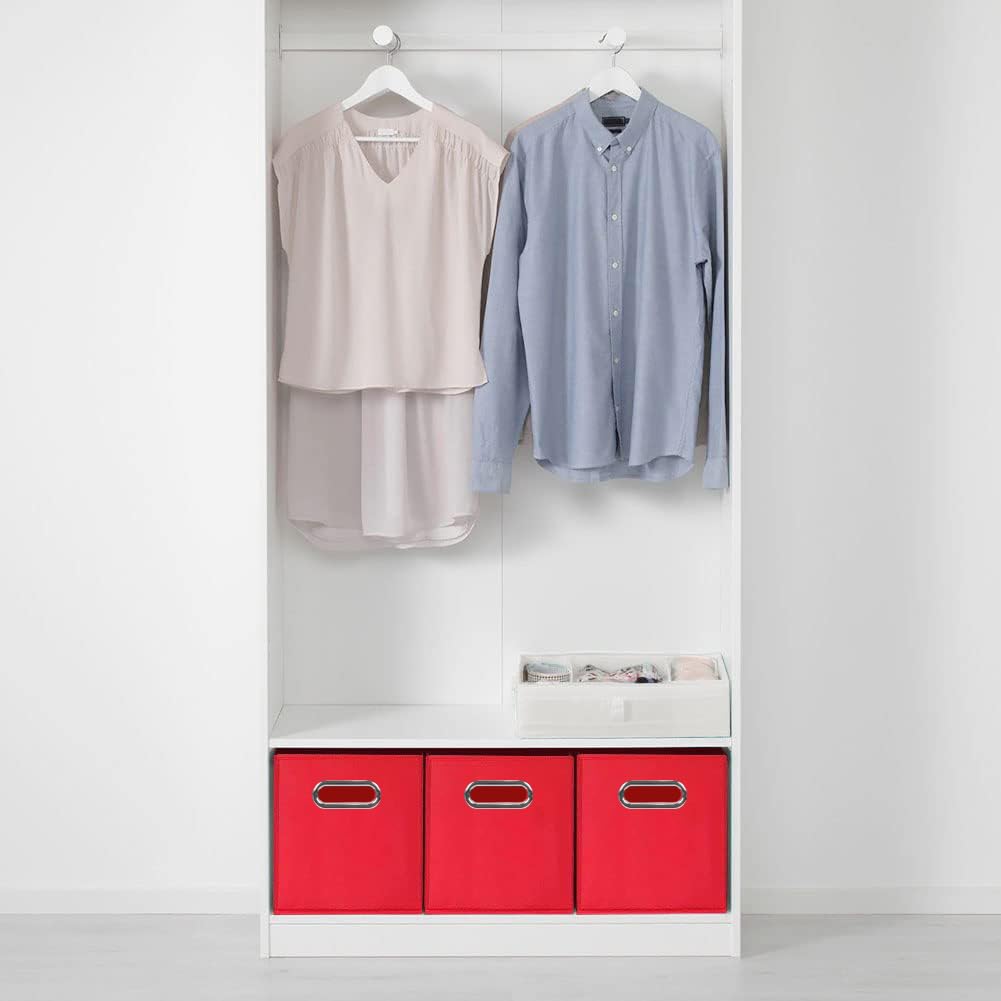 powerking Contenitore contenitore di stoccaggio in tessuto, 6 Pack pieghevole panno di stoccaggio Cube Organizer Cassetto con maniglia in metallo per armadio e giocattoli di stoccaggio, Rosso