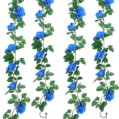 Artificial Rose Garlands Flower Garland Decorations Rose Vines Leaves Flower Vines Hanging Garlands Fake Rose Flower Vine Home Wedding Party Decor, 14.4 ft (Royal Blue,2 Pieces)
