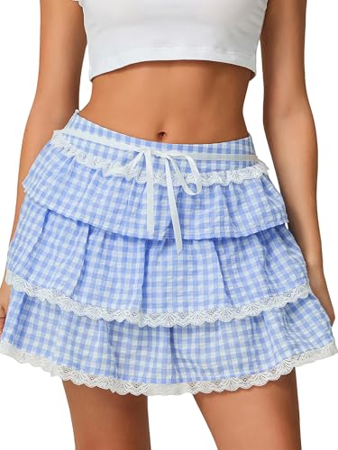 Women's Summer Y2K Gingham Skirt Plaid Ruffle Low Waist A-Line Mini Skirts with Lace Hem for Going Out Dress