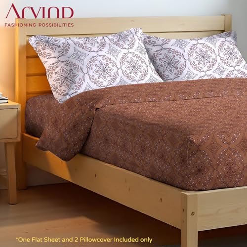 Image of Arvind Bedsheet Set - 100% Cotton Bedsheet for Double Bed (1 Queen Size Bedsheet with 2 Pillow Covers) Soft Breathable, 144 Thread Count - Slumber -(21022-A)