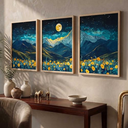 Image of kotart Big Aesthetic Mountains View Wall Art Paintings | Flowers Landscape Framed Painting | Vastu Frames for Living Room Bedroom Wall Decor Set Of 3 (14x20 Inch)
