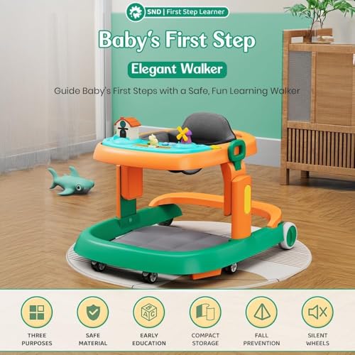 Image of StarAndDaisy Elegant Baby Walker 6 to 18 Months / Walker for Kids Girl Boy with Anti Fall Brake Pads, 3 Speed Height Adjustment, Multi-Level Seat Adjustment, Recreational Music Toy Bar, (Elegant Orange-Green)