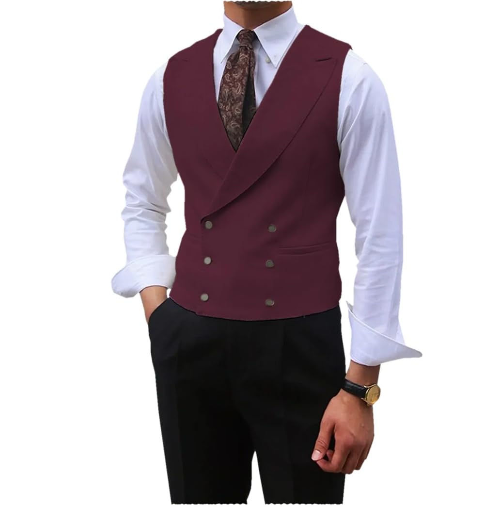 Niiyyjj Chaleco de traje de solapa para hombre, con doble botonadura, sin mangas, para boda, negocios, chaleco delgado
