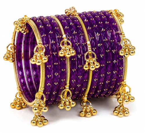 Image of JPS 16 Pcs Trendy Stylish Glass & Kashmiri Ghungroo Bangles Set for Women & Girls | Gold-Plated Traditional Festive Wedding Party Jewellery Chudi Set (12 Glass + 4 Metal)