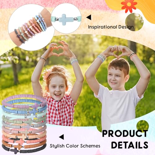 30 Pcs Cross Bracelets Bulk Jesus Bracelets Handmade Elastic Colorful Polymer Clay Beaded Religious Wristbands Christian Wristbands for Women Kids Sunday Halloween Christmas3