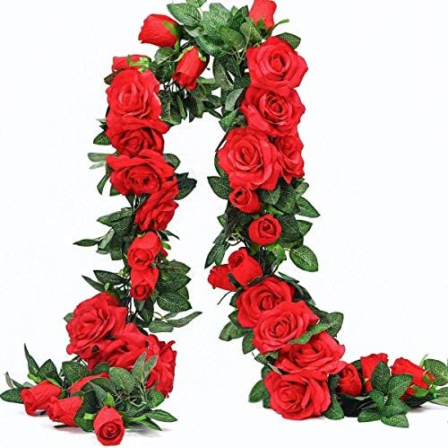 Ruiuzioong Artificial Rose Vines,Fake Rose Garland Silk Flowers Hanging Artificial Plants for Hotel Wedding Home Party Garden Craft Art Arch Arrangement Decoration (Red, 2pcs - 9Flowers)