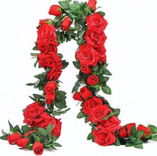 Ruiuzioong Artificial Rose Vines,Fake Rose Garland Silk Flowers Hanging Artificial Plants for Hotel Wedding Home Party Garden Craft Art Arch Arrangement Decoration (Red, 2pcs - 9Flowers)