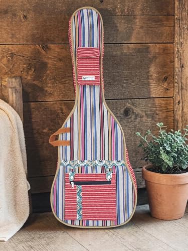 Image of The House of tara Ethnic Handloom Fabric Acoustic Guitar Bag Cover for Men and Women | Modern Guitar Case |100% Cotton Lining | Adjustable Straps | Padded Protection | Zip Pockets | Multicolor