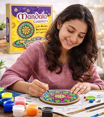 Image of Mind Pilot Mandala Coaster Painting Kit for Kids & Adults | DIY Mandala Art & Craft Kit with Pre-Marked MDF Coasters, 12 Vibrant colours & Brushes | Creative Hobby Activity, Home Decor & Birthday Gift for Girls Boys