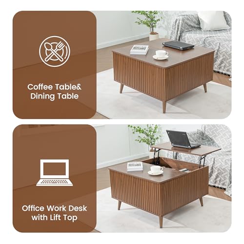 Image of Lift Top Coffee Table with Storage, Square Coffee Tables with Lifting Top and Hidden Compartment, Mid Century Modern Fluted Center Table for Living Room, Home Office, Studio, Walnut