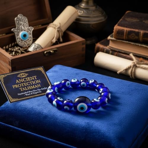 Image of Arihant Gems & Jewels Feng Shui Blue Evil Eye Bracelet with Laughing Buddha Charm | Nazar Batu Beaded Stretch Bracelet for Protection, Good Luck & Prosperity (Unisex)