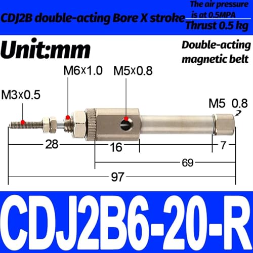 Cilindro neumático de doble acción CDJ2B6 mini con vástago simple de 6mm 3