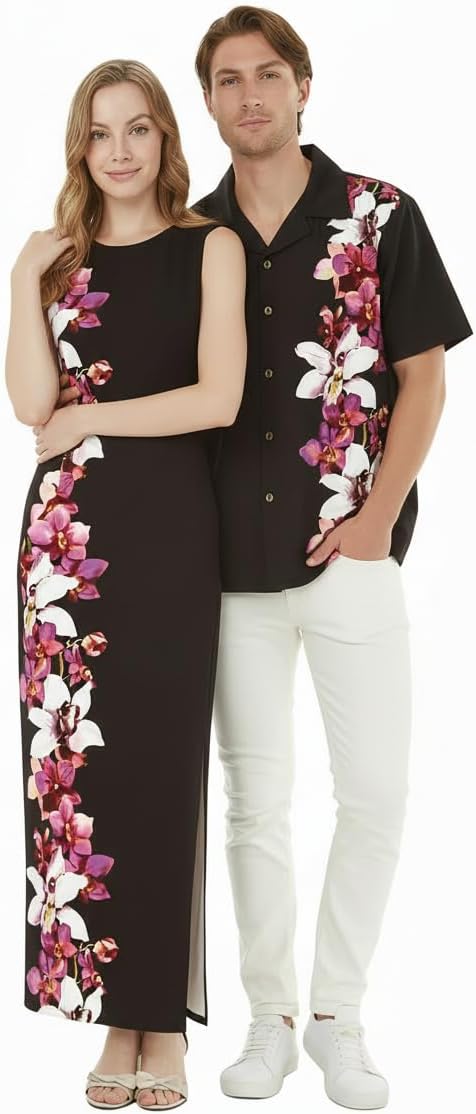 Matchable Couple Hawaiian Luau Men Shirt or Women Maxi Tank Dress in Watercolor Orchid Black Pink