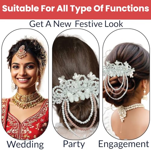 Image of TEMPERIA (1pc) Hair Accessories For Women's & Girls - Stylish Artificial Flowers & Crystal Pearls Bun Juda Bridal Brooch for Hairstyle & Decoration - Pins & Clips for Style of Bride (Pink & White)