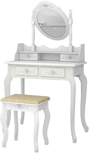 Miniatura 5 de Juego de tocador blanco para maquillaje y joyería con taburete, 4 cajones, espejo y escritorio de madera de Apontus